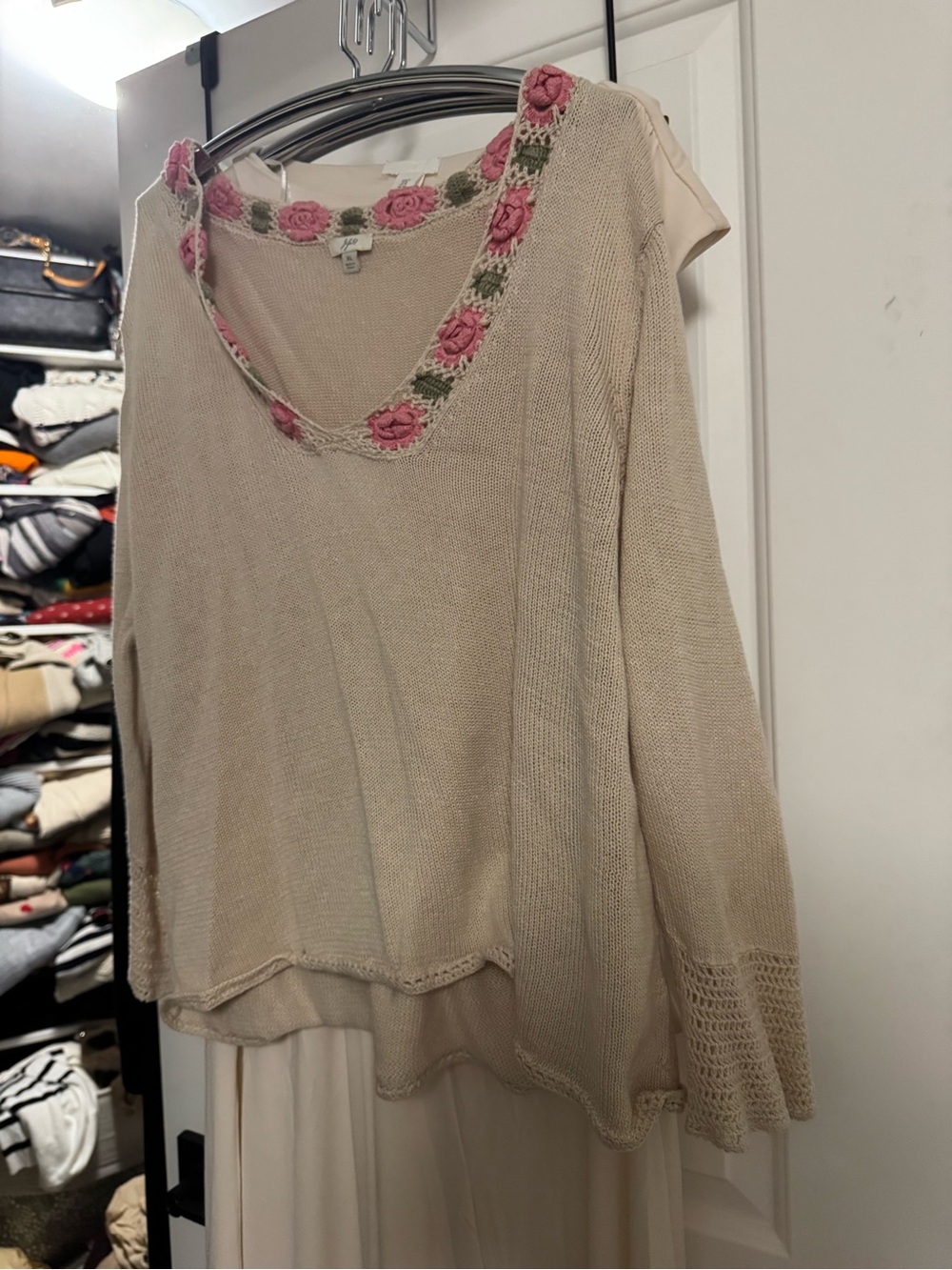 J jill crochet collar Cream Knit Women’s Sweater with Pink Rose Trim